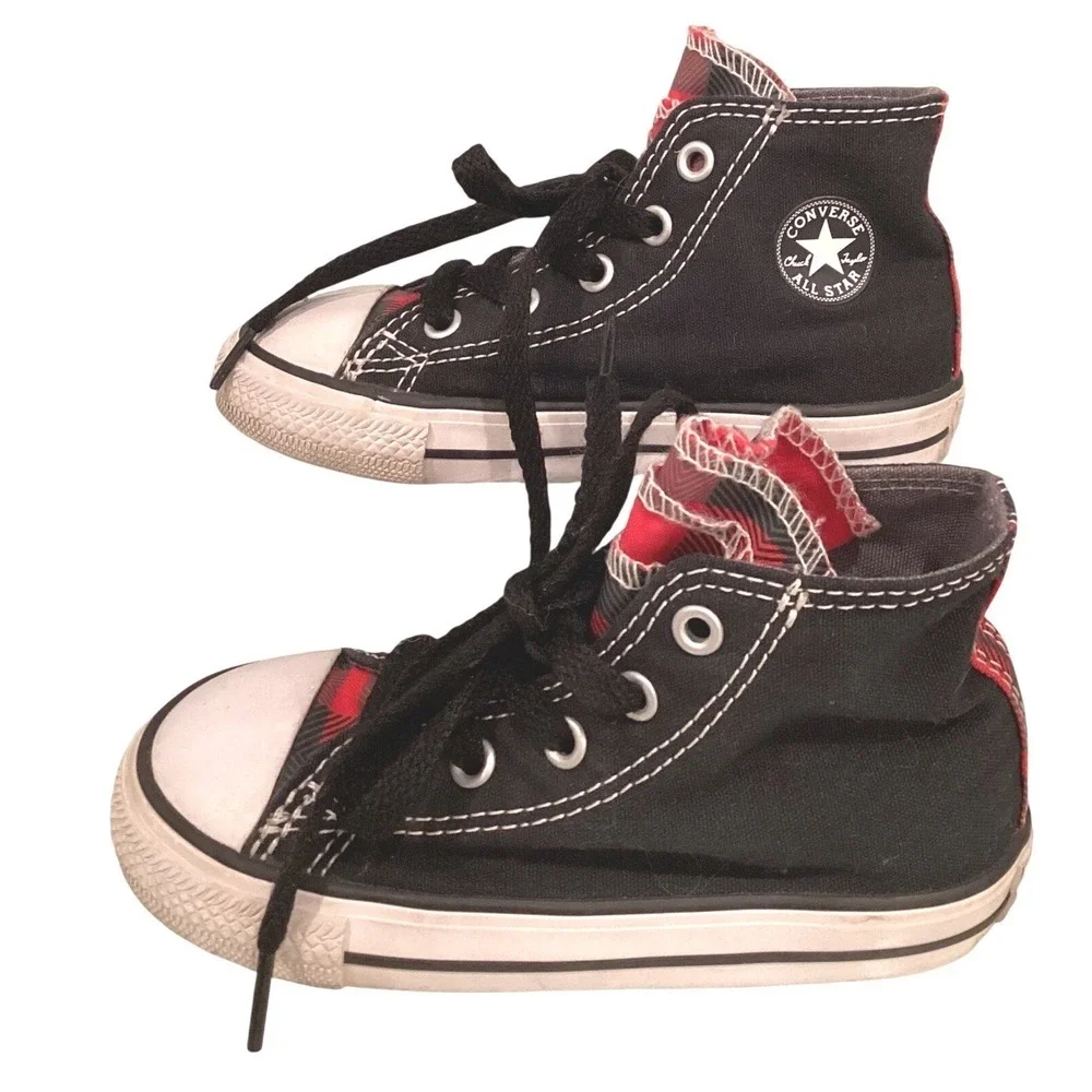 Converse Chuck Taylor All Star High Top Black Red Buffalo Plaid Girls Size 8